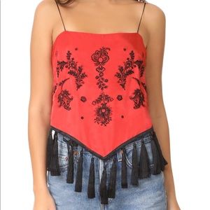 Cinq à Sept Red and Black Embroidered Tank Top